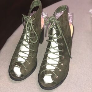 Dark forest green lace up semi wedge heels
